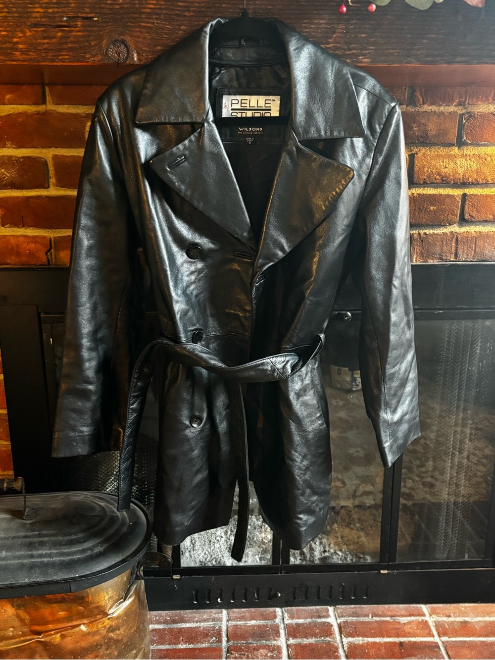 Vintage Pelle Studio Wilsons Leather Belted Short Trench Coat Jacket Black Small